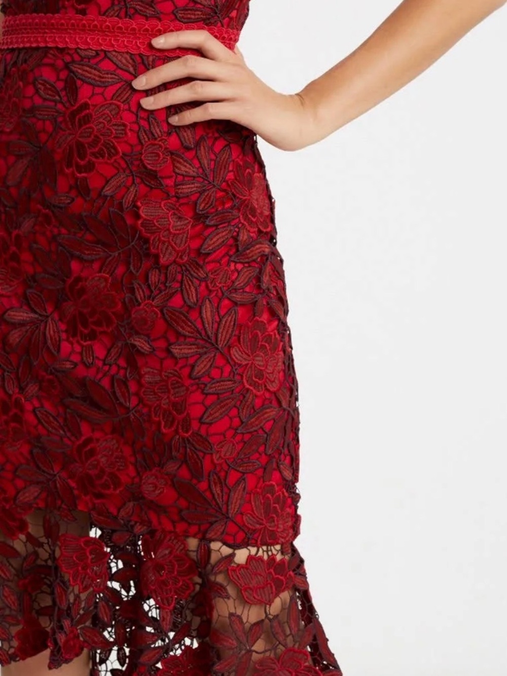 Lipsy Red Floral Lace Midi Dress with Keyhole Back - Picture 4 of 5